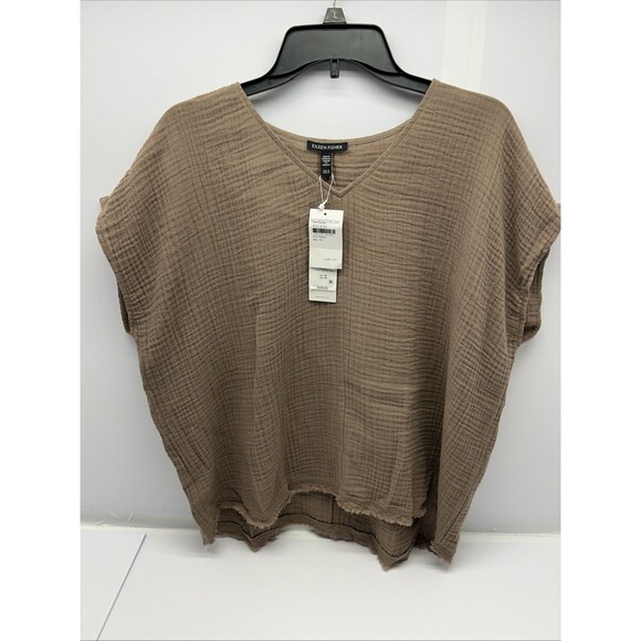 Eileen Fisher Cocoa Brown Organic Cotton Lofty Gauze V Neck Square Top SZ M NEW - Picture 1 of 6